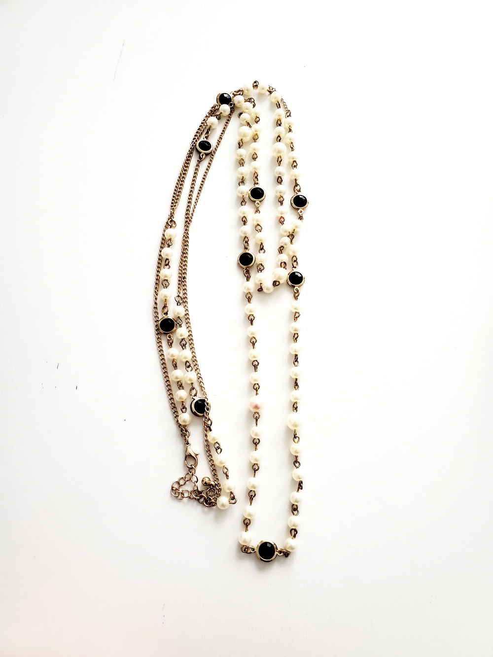 Elegant Pearl and Black Stone Multi-Strand Necklace - Gold Tone